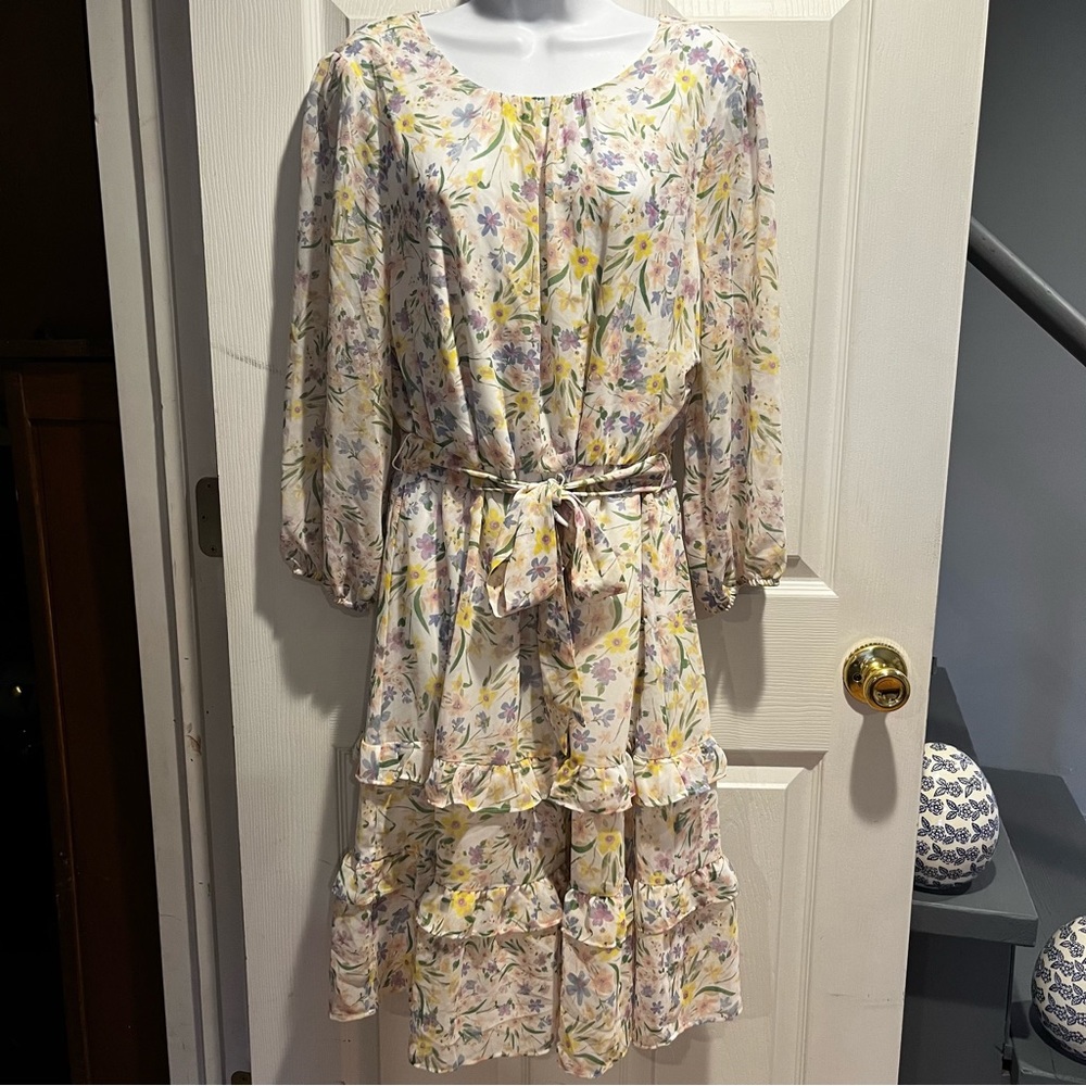 Calvin Klein - White Spring Floral Midi Long sleeve Dress (NWT)